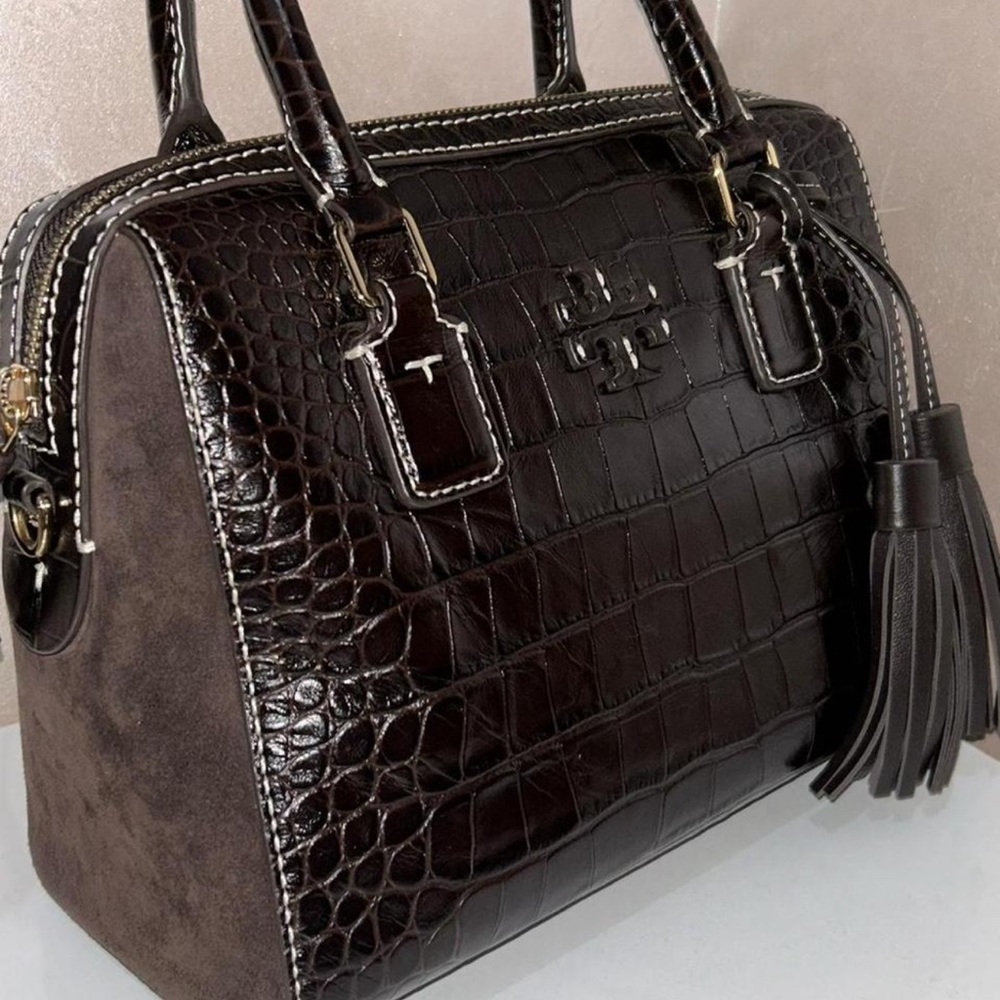 Tory Burch Elegant Brown Crocodile-Embossed Handbag